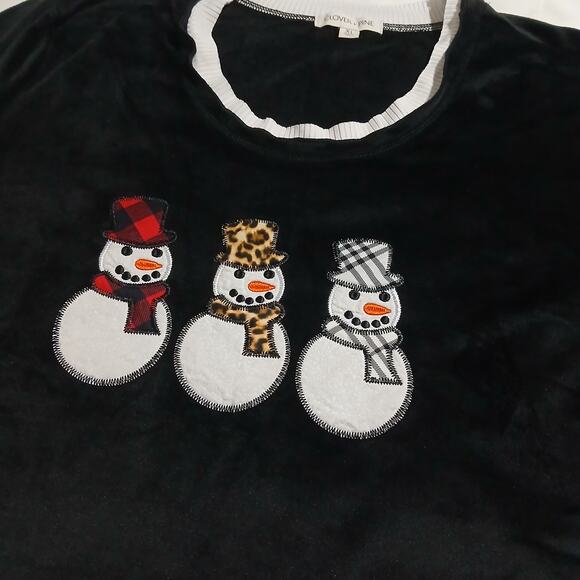Christmas Top XL Snowmen Black Velour Built in Blouse at Hem & Cuffs Clover+Pine - Picture 4 of 13